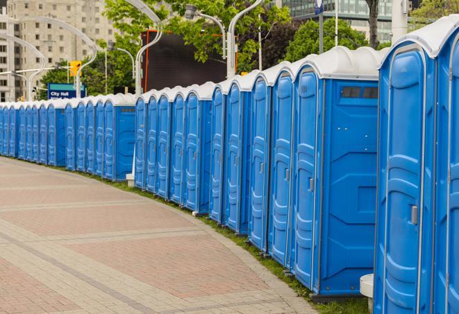 Seasonal porta potty units set up at a Wheaton, Illinois venue